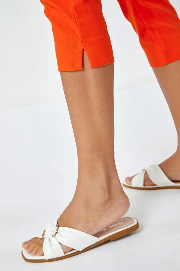 Burnt Orange Elastic Waist Stretch Cropped Trousers Women Roman Occasionwear