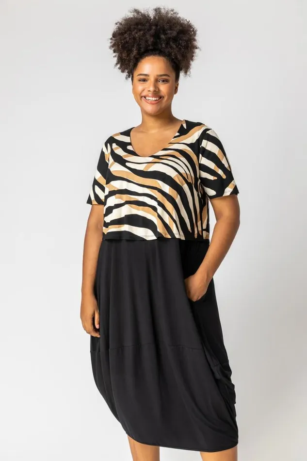 Camel Curve Tiger Print Contrast Print Jersey Dress Women Roman Dresses