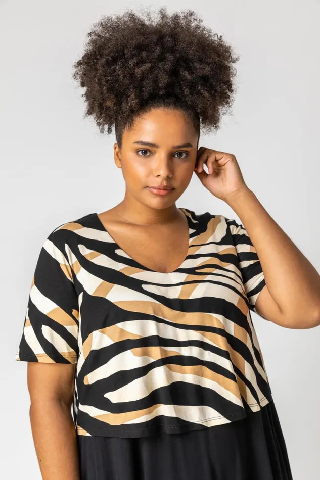 Camel Curve Tiger Print Contrast Print Jersey Dress Women Roman Dresses