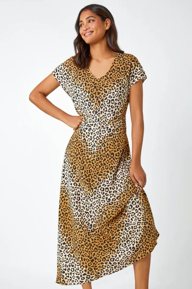 Camel Leopard Print Bias Cut Midi Dress Women Roman Dresses