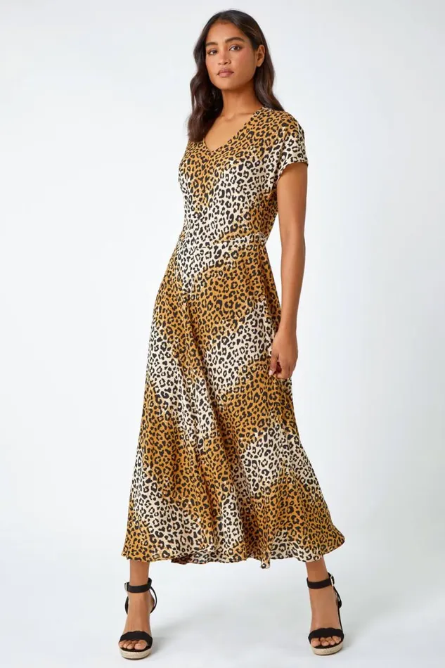 Camel Leopard Print Bias Cut Midi Dress Women Roman Dresses