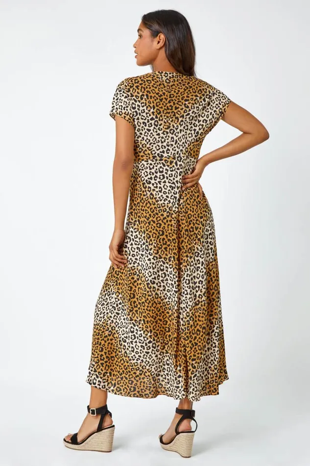 Camel Leopard Print Bias Cut Midi Dress Women Roman Dresses