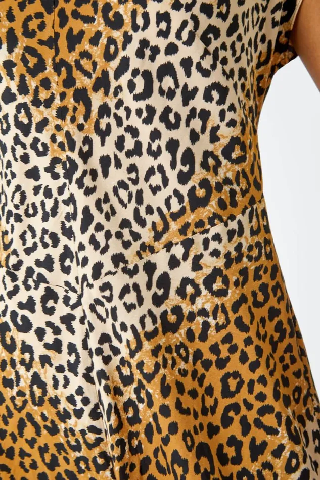 Camel Leopard Print Bias Cut Midi Dress Women Roman Dresses
