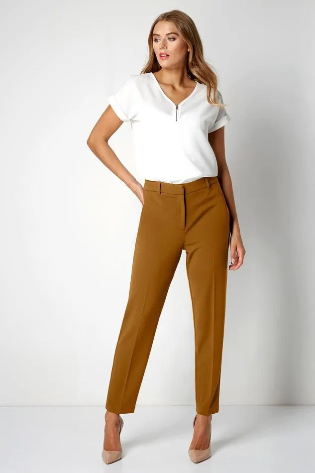 Camel Short Straight Leg Stretch Trouser Women Roman Trousers