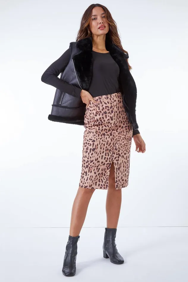 Camel Suedette Stretch Animal Pencil Skirt Women Roman Skirts