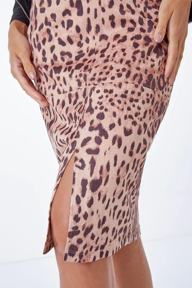 Camel Suedette Stretch Animal Pencil Skirt Women Roman Skirts