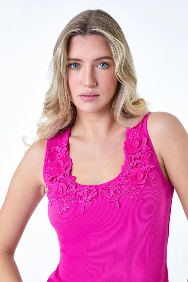 Cerise Floral Lace Trim Stretch Vest Top Women Roman Tops