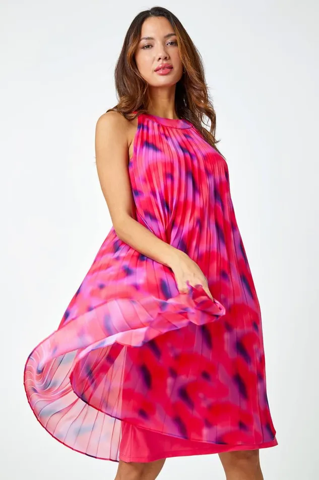 Cerise High Neck Abstract Pleated Swing Dress Women Roman Dresses