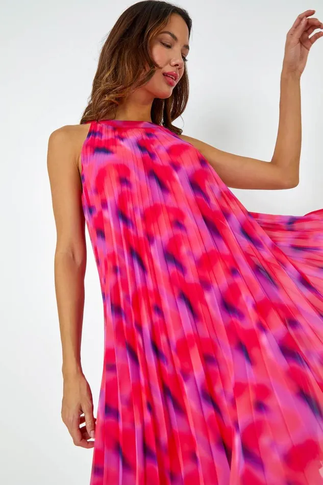 Cerise High Neck Abstract Pleated Swing Dress Women Roman Dresses