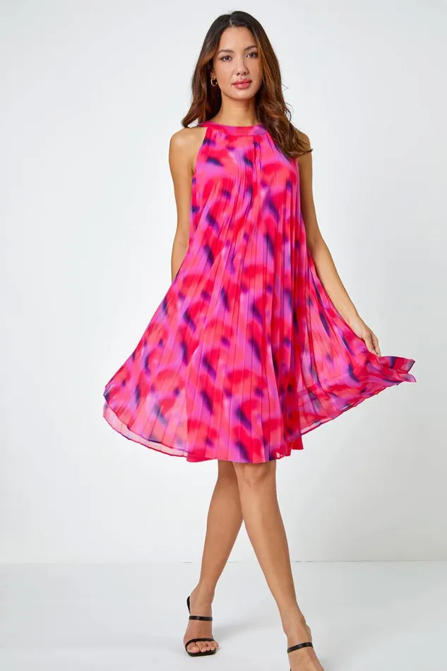 Cerise High Neck Abstract Pleated Swing Dress Women Roman Dresses