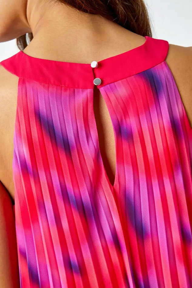 Cerise High Neck Abstract Pleated Swing Dress Women Roman Dresses