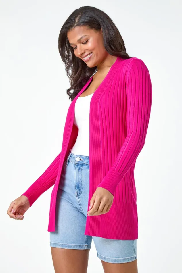 Cerise Longline Stretch Ribbed Cardigan Women Roman Tops
