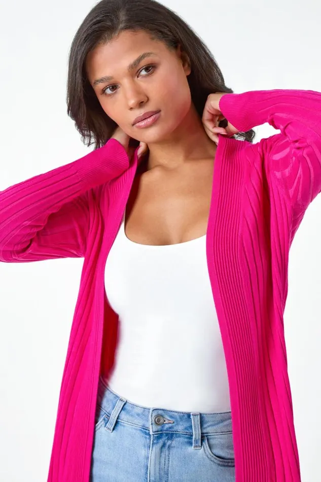 Cerise Longline Stretch Ribbed Cardigan Women Roman Tops