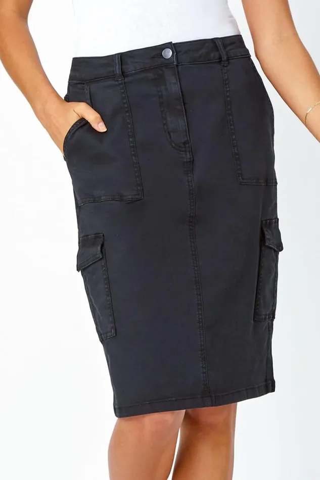 Charcoal Cotton Blend Cargo Stretch Skirt Women Roman Skirts