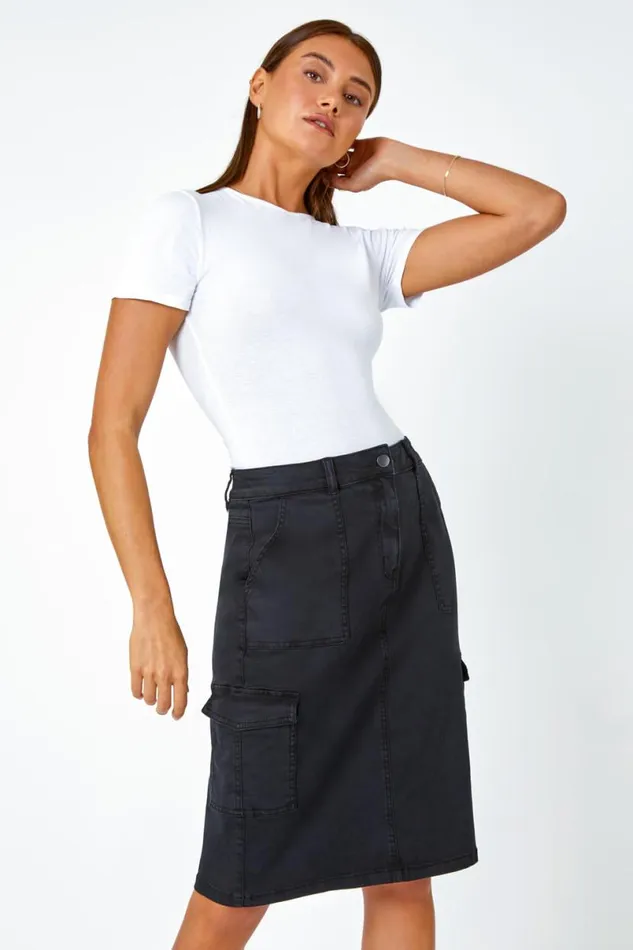 Charcoal Cotton Blend Cargo Stretch Skirt Women Roman Skirts