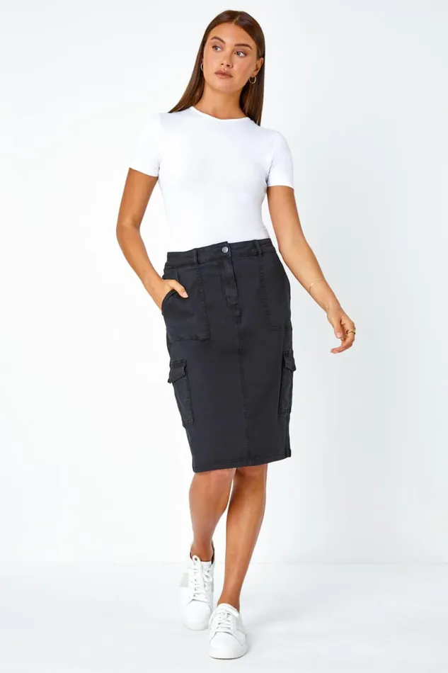 Charcoal Cotton Blend Cargo Stretch Skirt Women Roman Skirts