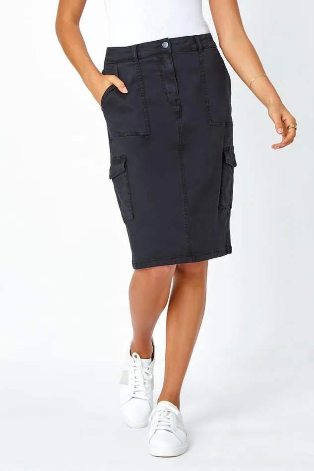 Charcoal Cotton Blend Cargo Stretch Skirt Women Roman Skirts