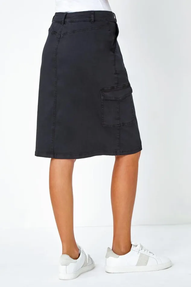 Charcoal Cotton Blend Cargo Stretch Skirt Women Roman Skirts