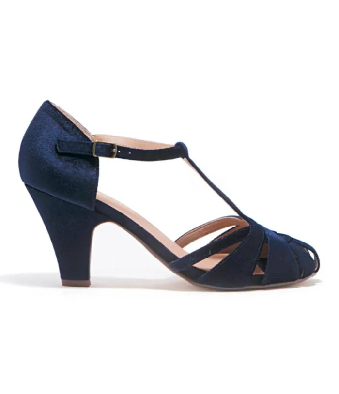 Chelsea Crew 1920s Navy Velvet TStrap Sergi Heels Shoes Unique Vintage Heels