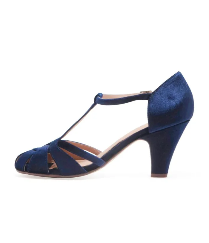 Chelsea Crew 1920s Navy Velvet TStrap Sergi Heels Shoes Unique Vintage Heels