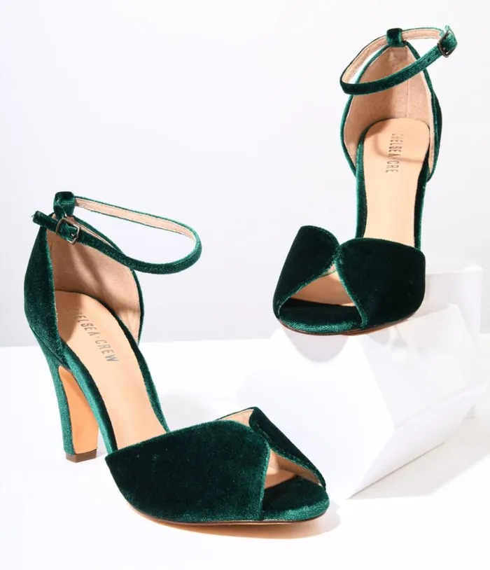 Chelsea Crew Green Velvet Lola Pumps Shoes Unique Vintage Heels