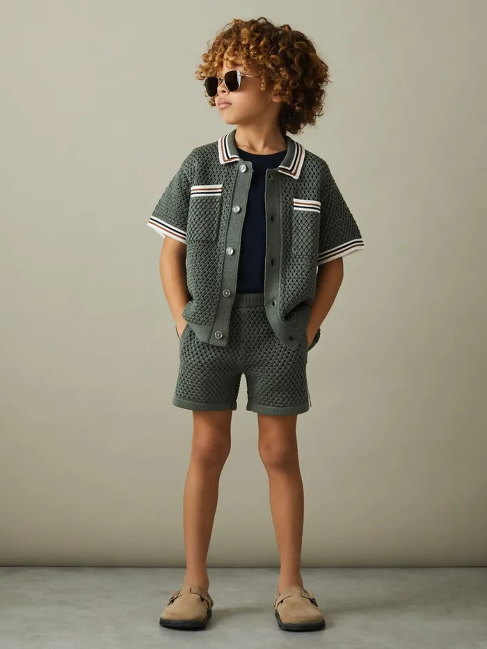 Children Reiss CoOrds Coulson Crochet Contrast Trim Shirt Dark Sage Green