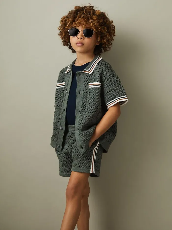 Children Reiss CoOrds Coulson Crochet Contrast Trim Shirt Dark Sage Green