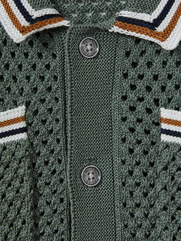 Children Reiss CoOrds Coulson Crochet Contrast Trim Shirt Dark Sage Green