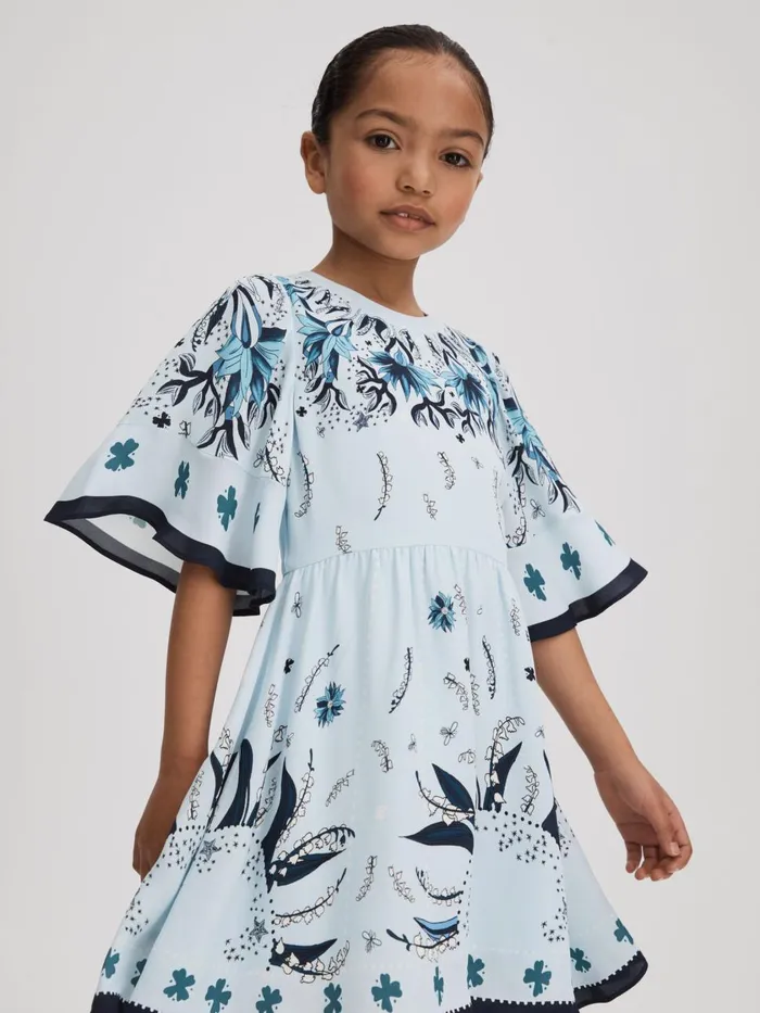 Children Reiss Dresses Ania Printed Flared Sleeve Dress Blue