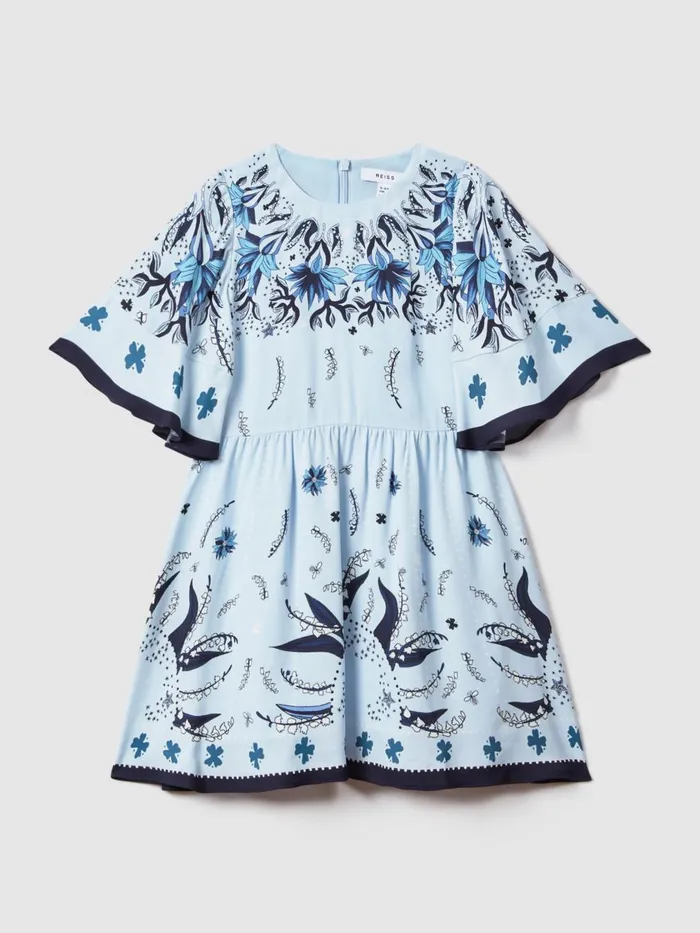 Children Reiss Dresses Ania Printed Flared Sleeve Dress Blue