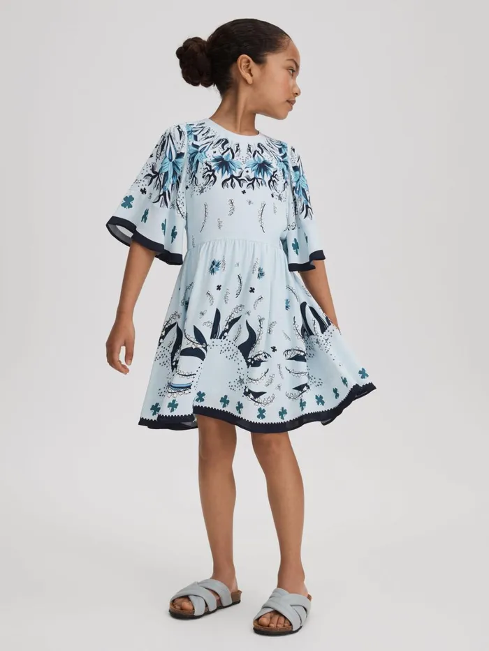 Children Reiss Dresses Ania Printed Flared Sleeve Dress Blue