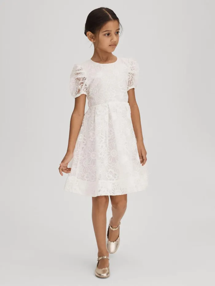 Children Reiss Dresses Emelie Lace Puff Sleeve Dress Ivory