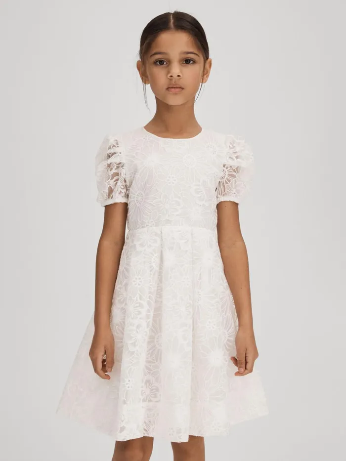 Children Reiss Dresses Emelie Lace Puff Sleeve Dress Ivory