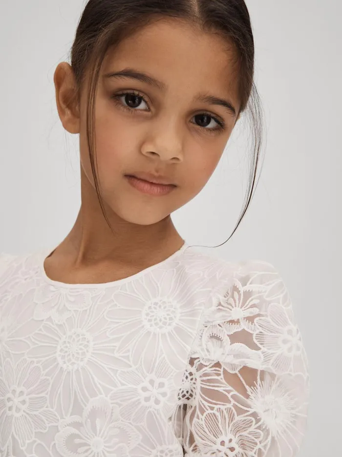 Children Reiss Dresses Emelie Lace Puff Sleeve Dress Ivory