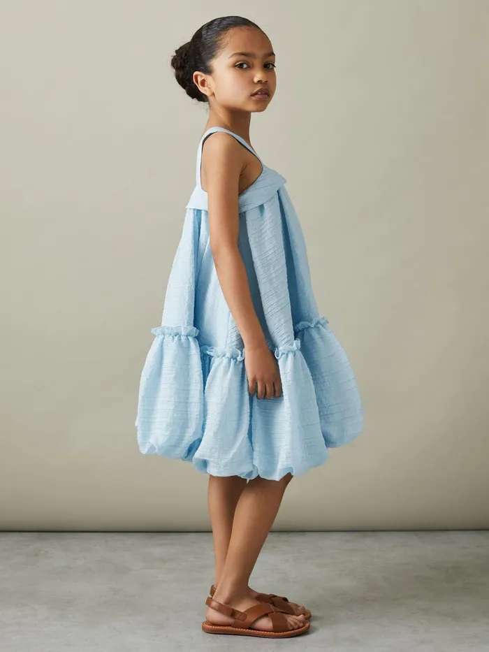 Children Reiss Dresses Emeri Seersucker Bubble Hem Dress Blue