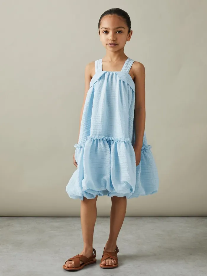 Children Reiss Dresses Emeri Seersucker Bubble Hem Dress Blue