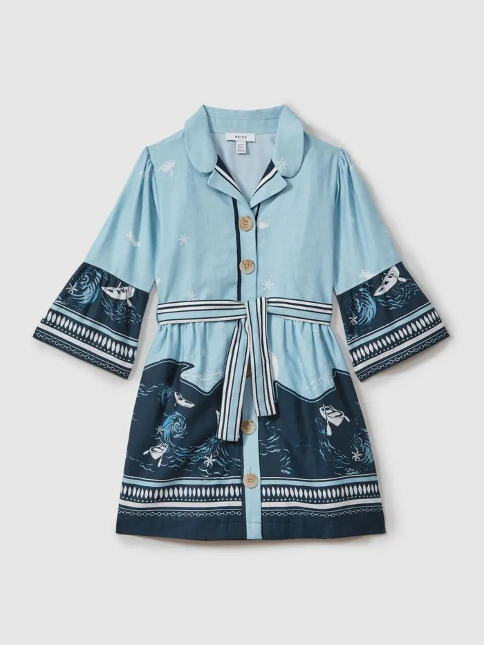 Children Reiss Dresses Hettie Cotton Linen Flared Sleeve Dress Blue Print