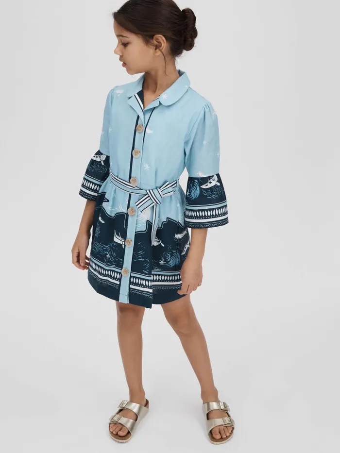Children Reiss Dresses Hettie Cotton Linen Flared Sleeve Dress Blue Print