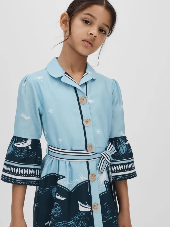 Children Reiss Dresses Hettie Cotton Linen Flared Sleeve Dress Blue Print
