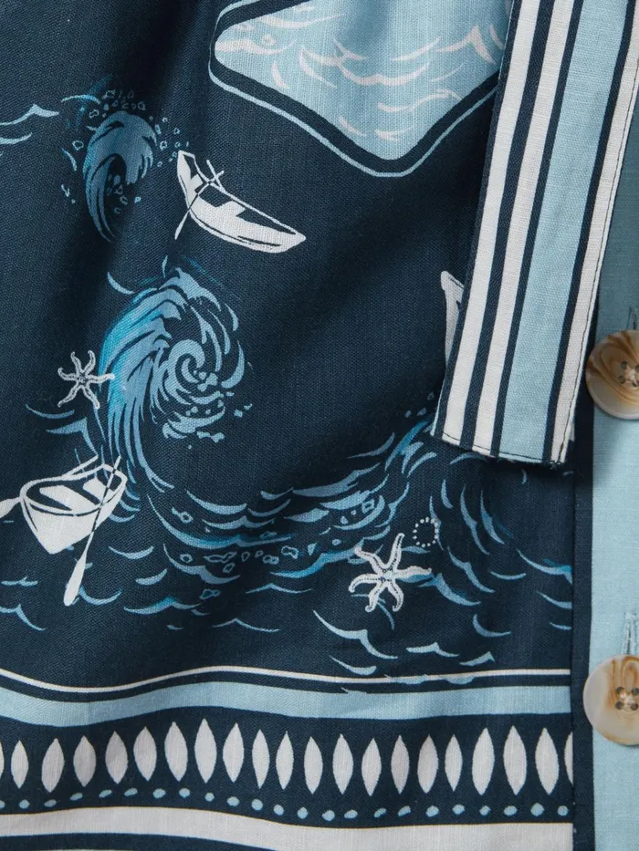 Children Reiss Dresses Hettie Cotton Linen Flared Sleeve Dress Blue Print