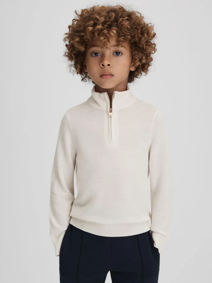 Children Reiss Knitwear Blackhall Wool HalfZip Funnel Neck Jumper Snow