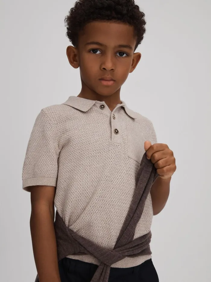 Children Reiss Polo Shirts Demetri Textured Cotton Polo Shirt Oatmeal Melange