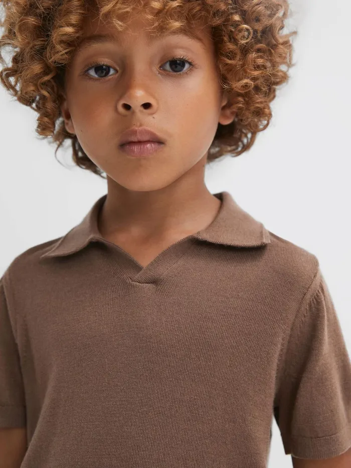 Children Reiss Polo Shirts Duchie Merino Wool Open Collar Polo Shirt Brown Sugar