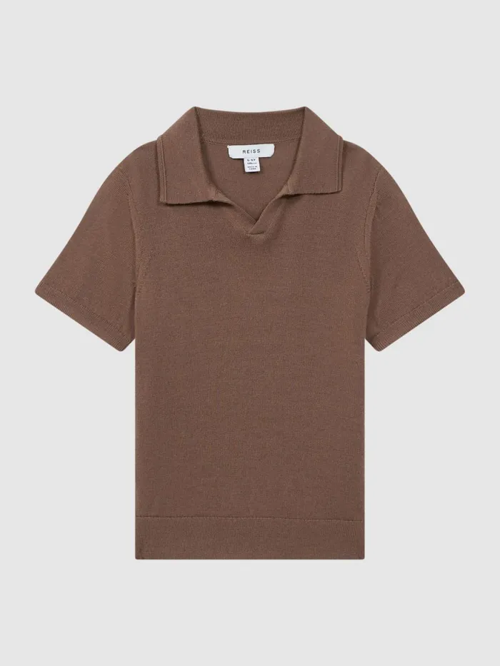 Children Reiss Polo Shirts Duchie Merino Wool Open Collar Polo Shirt Brown Sugar
