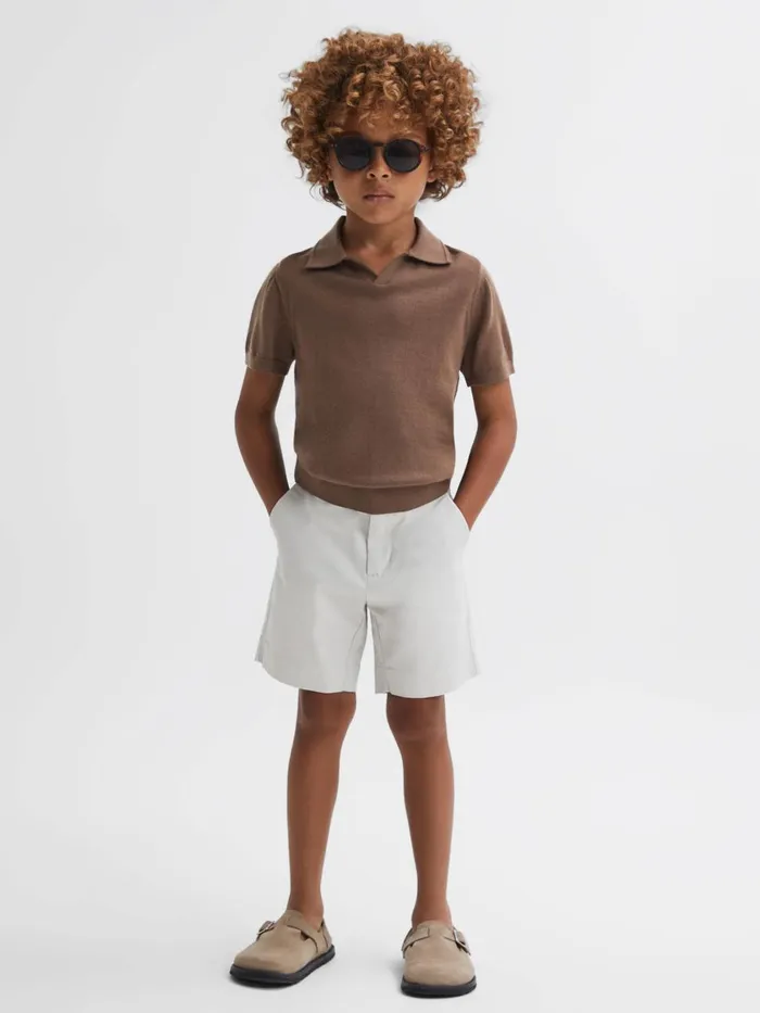 Children Reiss Polo Shirts Duchie Merino Wool Open Collar Polo Shirt Brown Sugar