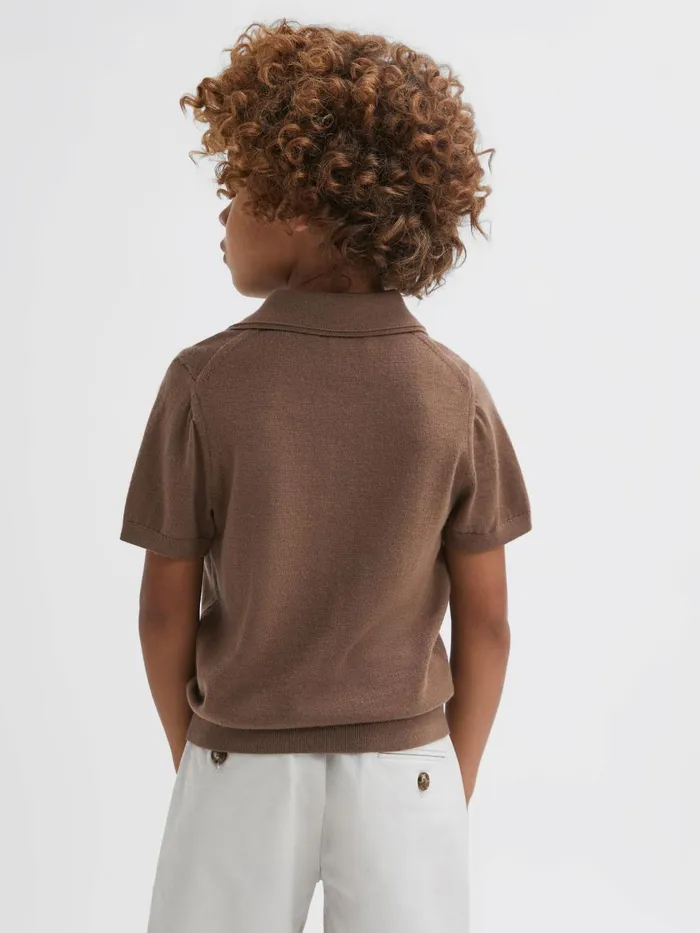 Children Reiss Polo Shirts Duchie Merino Wool Open Collar Polo Shirt Brown Sugar