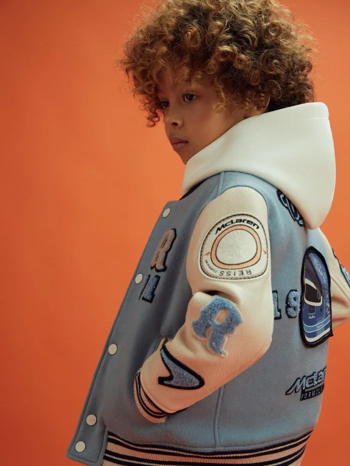 Children Reiss Reiss X Mclaren F1 Team F1 Leather Varsity Jacket Airforce Blueecru