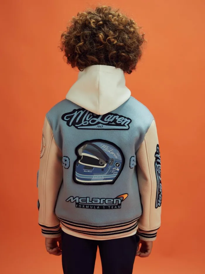 Children Reiss Reiss X Mclaren F1 Team F1 Leather Varsity Jacket Airforce Blueecru