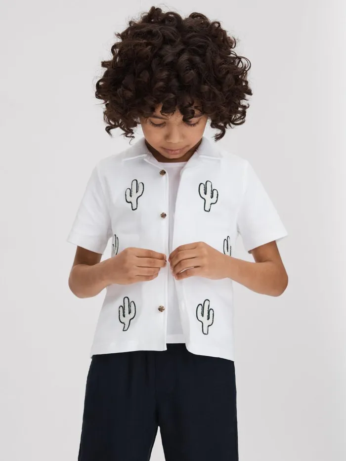 Children Reiss Shirts Aurora Cotton Cactus Cuban Collar Shirt White