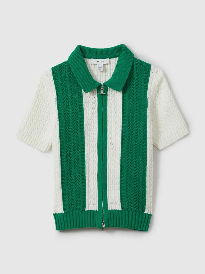 Children Reiss Shirts Painter Knitted Cotton Zip Front Shirt Whitebright Green